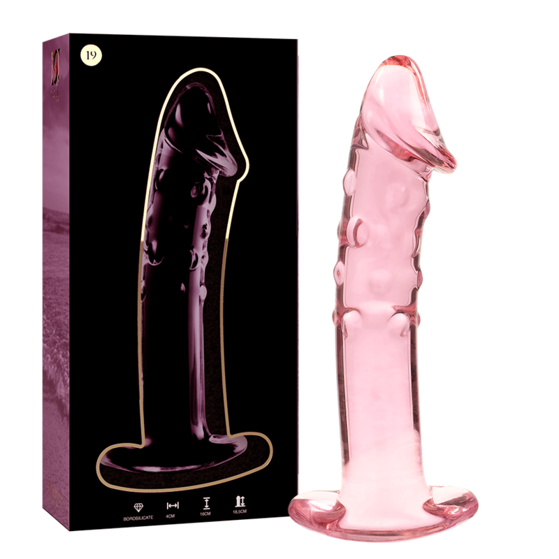 Coffret du gode en verre borosilicate Nebula Series et tige rose a forme realiste gland et veines, base evasee, matiere non poreuse facile a nettoyer.