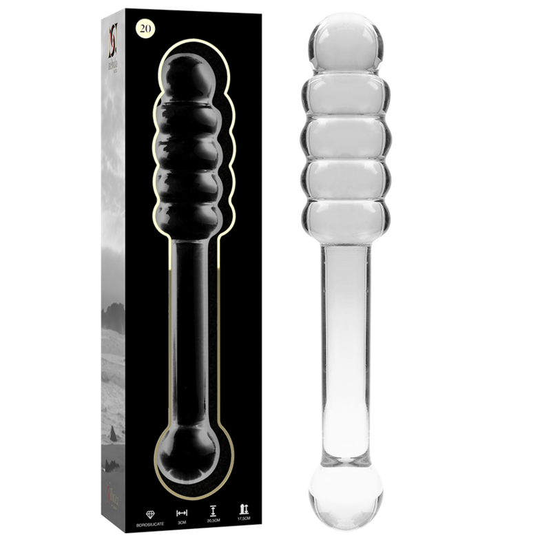 Coffret du gode en verre borosilicate Nebula Series et tige transparente a renflements anneles lisses, embout arrondi, sextoy non poreux facile a nettoyer.