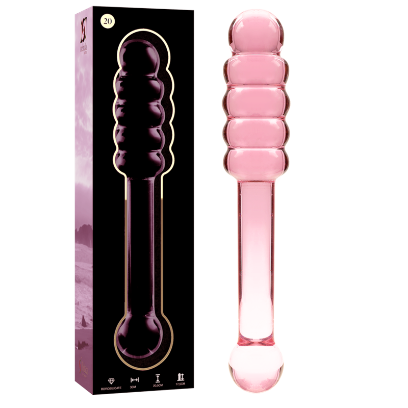 Coffret du gode en verre borosilicate Nebula Series et tige rose a renflements anneles lisses, embout arrondi, matiere transparente non poreuse facile a nettoyer.