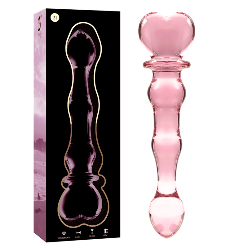 Coffret du gode en verre borosilicate Nebula Series et tige rose a tete coeur et perles lisses, embout arrondi, matiere transparente non poreuse facile a nettoyer.