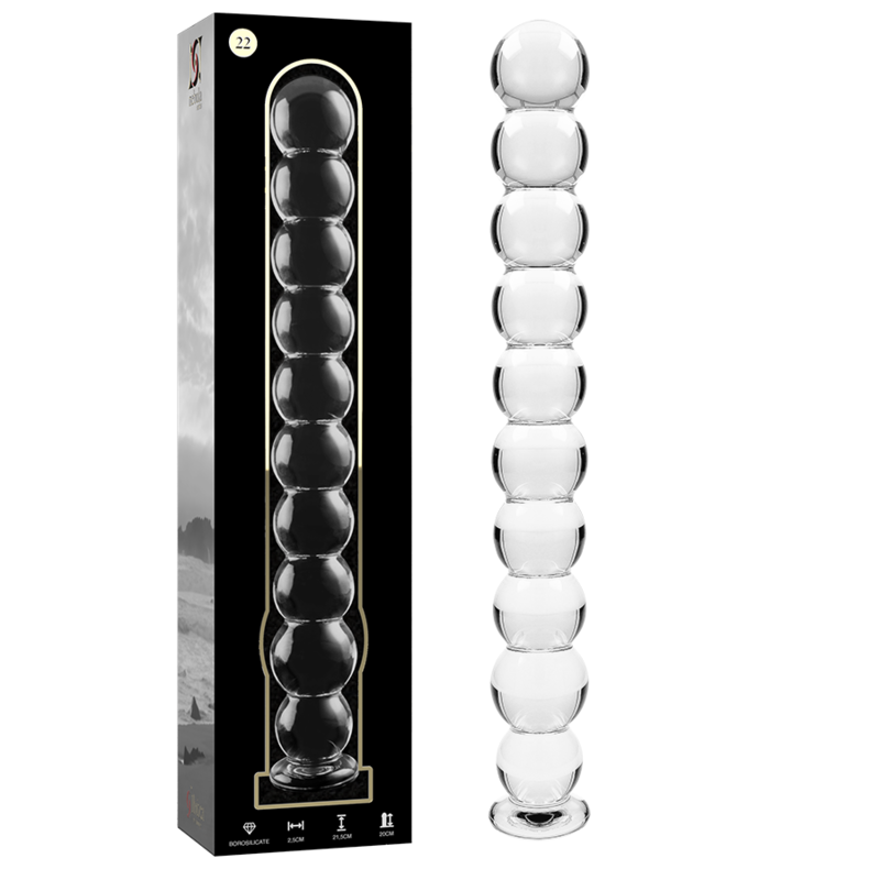 Coffret du chapelet anal en verre borosilicate Nebula Series et tige transparente a billes lisses, embout arrondi, sextoy non poreux facile a nettoyer.