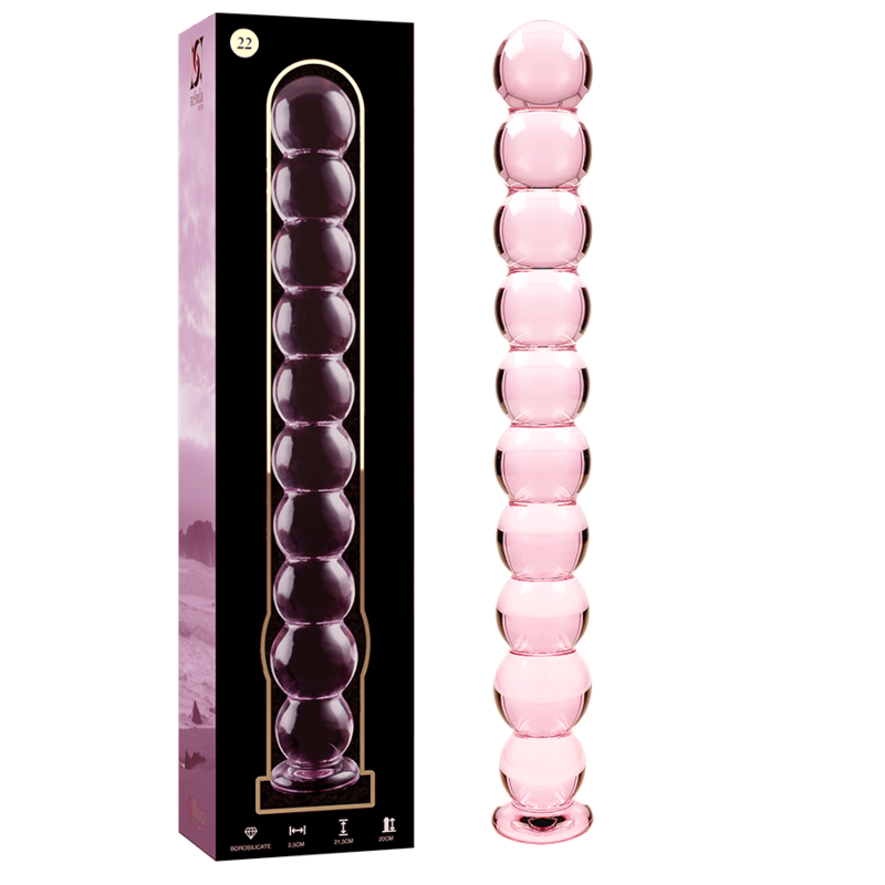 Coffret du chapelet anal en verre borosilicate Nebula Series et tige rose a billes lisses, embout arrondi, matiere transparente non poreuse facile a nettoyer.