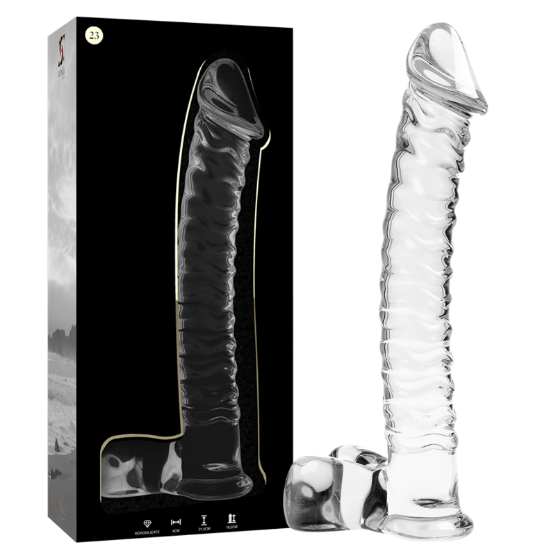 Coffret du gode en verre borosilicate Nebula Series et tige transparente a forme realiste gland, veines et base testiculaire, sextoy non poreux facile a nettoyer.