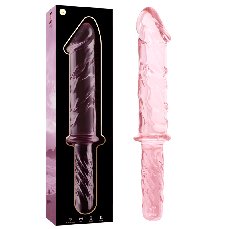 Coffret du double gode en verre borosilicate Nebula Series et tige rose realiste a gland, veines et manche torsade, matiere non poreuse facile a nettoyer.