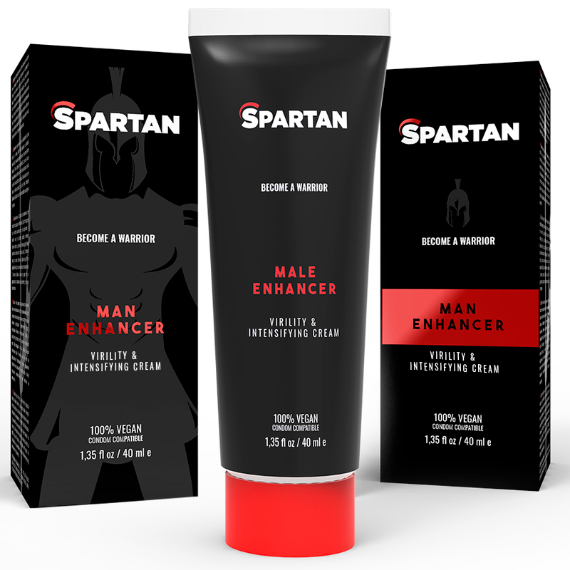 Tube Spartan Man Enhancer entre ses deux emballages, gel virilité 100% vegan 40 ml