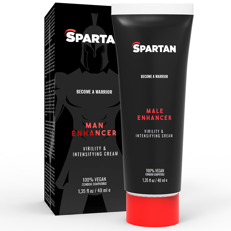 Tube Spartan Man Enhancer devant son emballage, gel virilité 100% vegan 40 ml