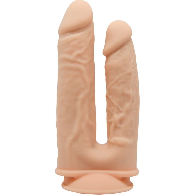 Double gode Silexd pour double pénétration chair : deux pénis réalistes accolés de tailles différentes, glands marqués, fûts veinés et base ventouse. Silicone Silexpan flexible.