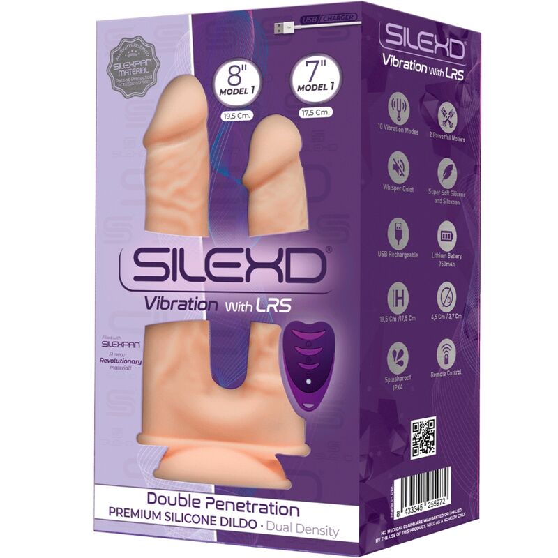Boîte Silexd Vibration with LRS Double Penetration, fenêtre montrant le double gode réaliste chair à deux pénis (8" et 7") aux glands visibles. Double densité, 10 modes, télécommande.