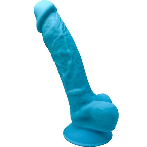 Gode réaliste SILEXD Modèle 1 silicone bleu vif avec gland sculpté, veines et testicules moulés, base ventouse, silicone double densité Silexpan thermoréactif