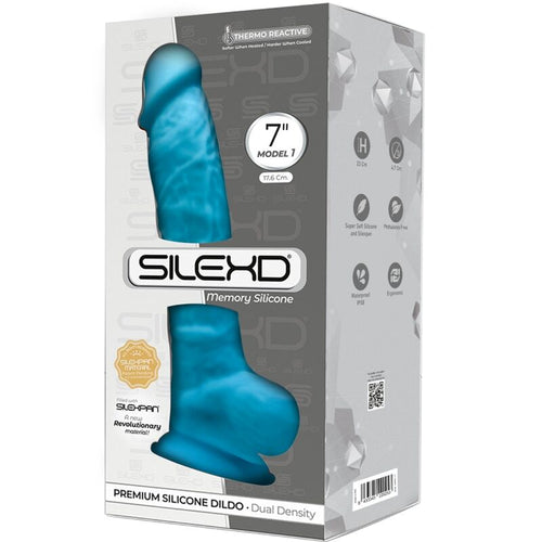 Boîte SILEXD gode réaliste Modèle 1 (7 pouces, 17,8 cm) bleu, packaging Premium Silicone Dildo montrant le gode à gland et testicules, Memory Silicone double densité