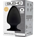 Packaging SILEXD du plug anal Modèle 1 taille M, boîte Premium Silicone Plug grise avec visuel du plug noir lisse double densité et mentions thermoréactif