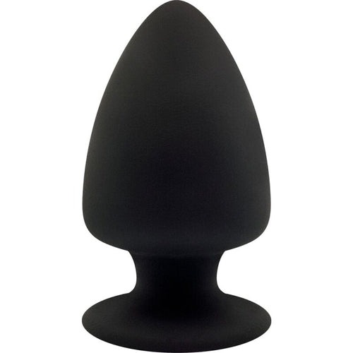 Plug anal SILEXD Modèle 1 en silicone noir double densité, forme conique lisse et progressive sur base évasée, vue de face, silicone doux thermoréactif body-safe