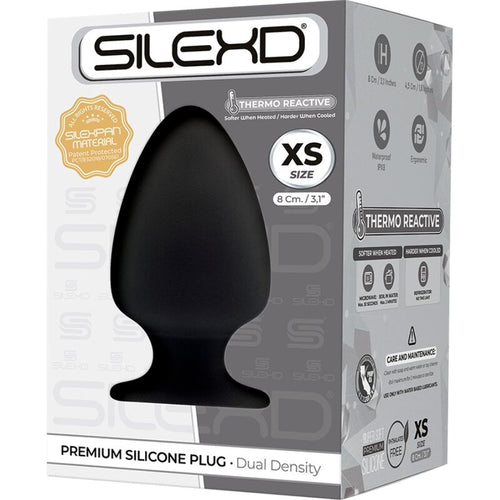 Boîte SILEXD du plug anal Modèle 1 taille XS (8 cm), packaging Premium Silicone Plug Dual Density gris avec plug noir lisse et pictogrammes thermo réactif