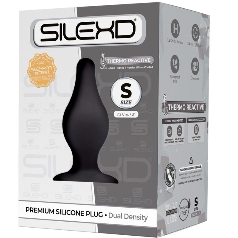 Boîte SILEXD plug anal Modèle 2 taille S (12 cm), packaging Premium Silicone Plug Dual Density gris avec plug noir galbé bombé et badge thermo reactive Silexpan