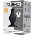 Boîte SILEXD plug anal Modèle 2 taille S (12 cm), packaging Premium Silicone Plug Dual Density gris avec plug noir galbé bombé et badge thermo reactive Silexpan