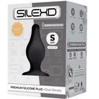 Boîte SILEXD plug anal Modèle 2 taille S (12 cm), packaging Premium Silicone Plug Dual Density gris avec plug noir galbé bombé et badge thermo reactive Silexpan