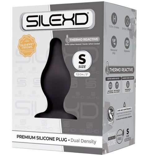 Boîte SILEXD plug anal Modèle 2 taille S (12 cm), packaging Premium Silicone Plug Dual Density gris avec plug noir galbé bombé et badge thermo reactive Silexpan