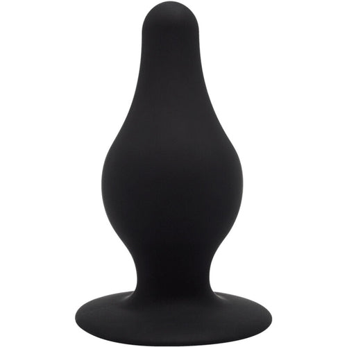 Plug anal SILEXD Modèle 2 en silicone noir, forme galbée bombée plus arrondie sur base large, vue de face, silicone doux thermoréactif pour exploration confortable