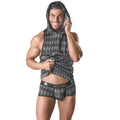 T-shirt a capuche homme Egide carreaux gris porte, modele soulevant le bas devoilant torse et boxer assorti, maille moulante stretch Anais.