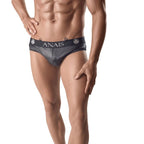 Slip homme Ares effet cuir noir porte de face, modele torse et cuisses nus, coupe ajustee Anais ceinture large logotee, finition brillante.