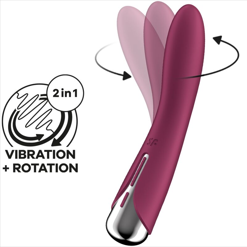 Spinning Vibe 1 bordeaux avec picto 2 en 1 Vibration plus Rotation et fleches de rotation, tige en silicone et base argentee, vibromasseur point G a tete rotative