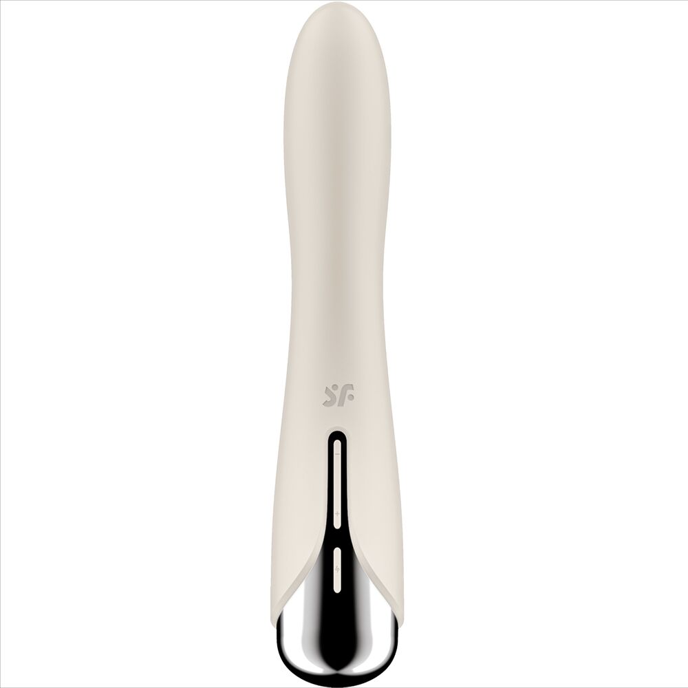 Spinning Vibe 1 ivoire vu de face logo SF, tige galbee en silicone et base argentee a fenetre, vibromasseur point G a tete rotative 5 vitesses, etanche