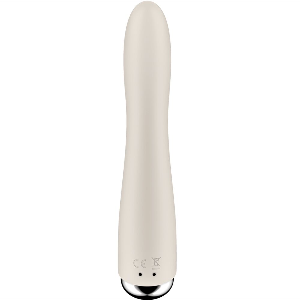 Vibromasseur point G Spinning Vibe ivoire vu de profil oppose, tige lisse en silicone et embout chrome, tete rotative et vibrations, etanche et rechargeable