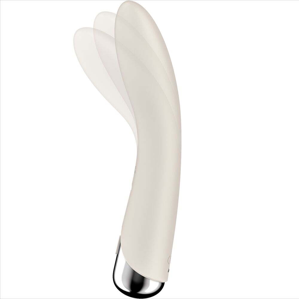 Spinning Vibe 1 ivoire illustrant l'amplitude de sa tige galbee en silicone, base chromee, demonstration du mouvement de la tete rotative point G, etanche