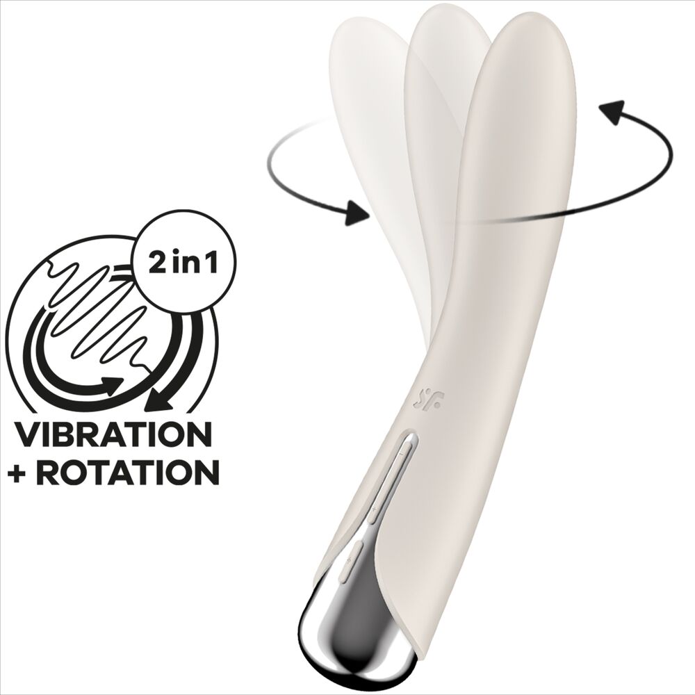 Spinning Vibe 1 ivoire avec picto 2 en 1 Vibration plus Rotation et fleches, tige en silicone et base argentee, vibromasseur point G a tete rotative, etanche