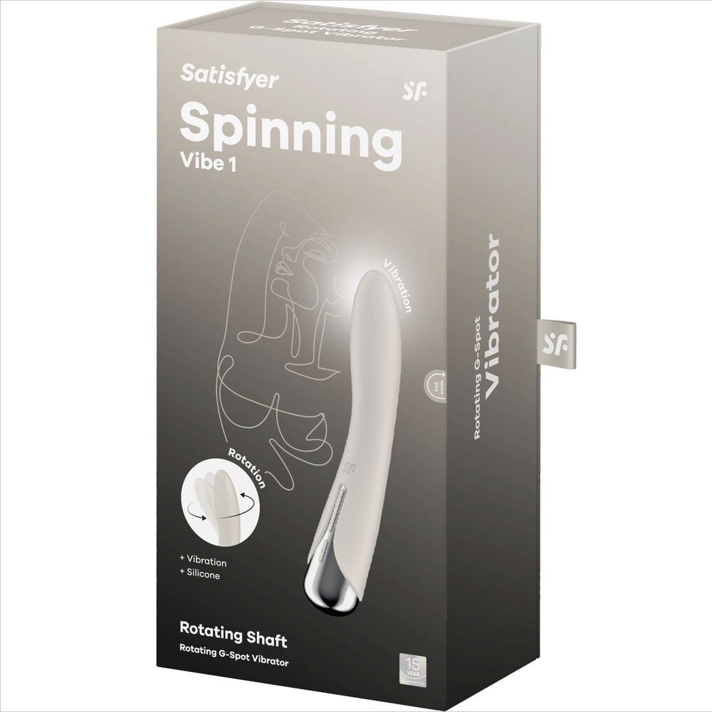 Boite grise Satisfyer Spinning Vibe 1 Vibrator avec illustration du jouet ivoire, Rotating Shaft, tige rotative point G en silicone, vibration et rotation