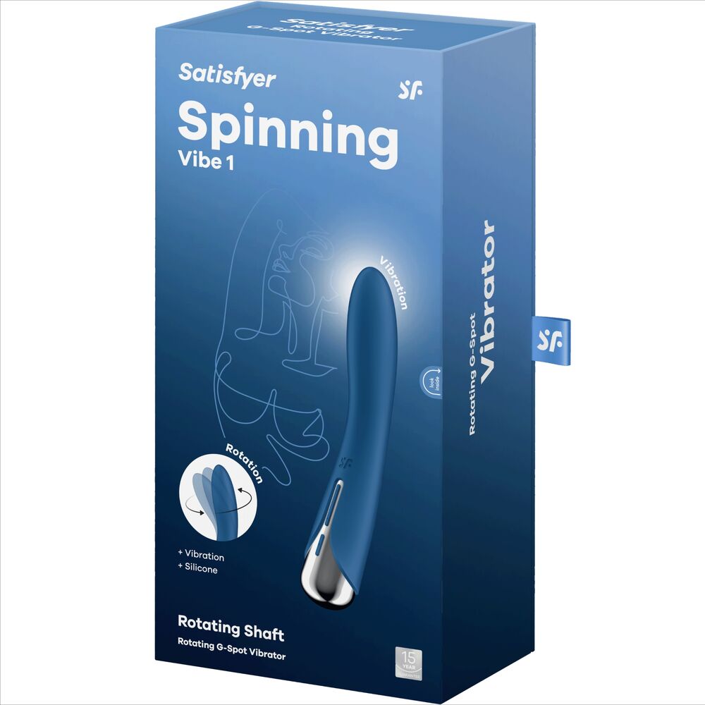 Boite bleue Satisfyer Spinning Vibe 1, vibrateur point G a tige rotative en silicone, visuel produit et pictogrammes vibration sur l'emballage carton.