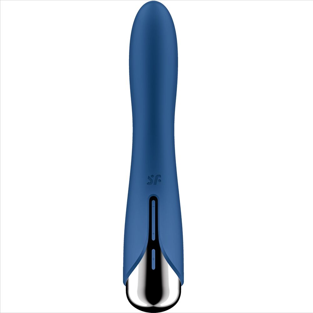 Spinning Vibe 1 bleu vu de face logo SF, tige galbee en silicone et base argentee a fenetre, vibromasseur point G a tete rotative, etanche et rechargeable