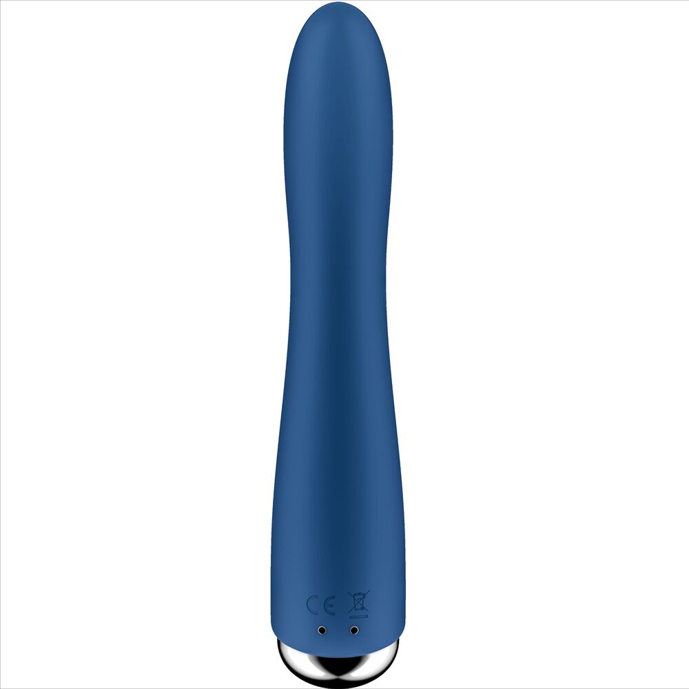 Vibromasseur point G Spinning Vibe bleu vu de dos avec commandes et base chromee, tige lisse en silicone, tete rotative 5 vitesses, etanche et rechargeable