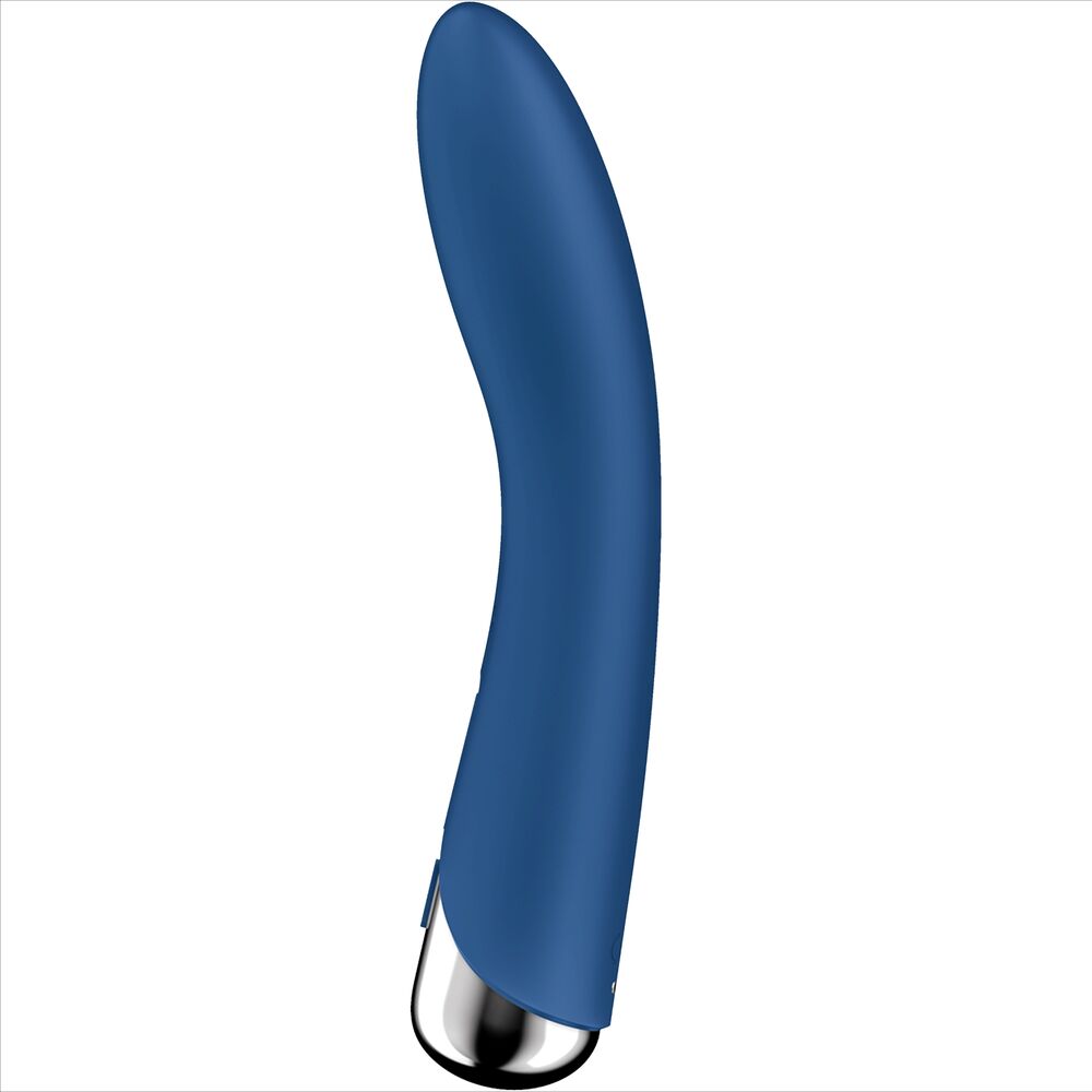 Spinning Vibe 1 bleu vu de profil oppose, tige courbee en silicone et embout argente, vibromasseur point G a tete rotative et vibrations, etanche rechargeable
