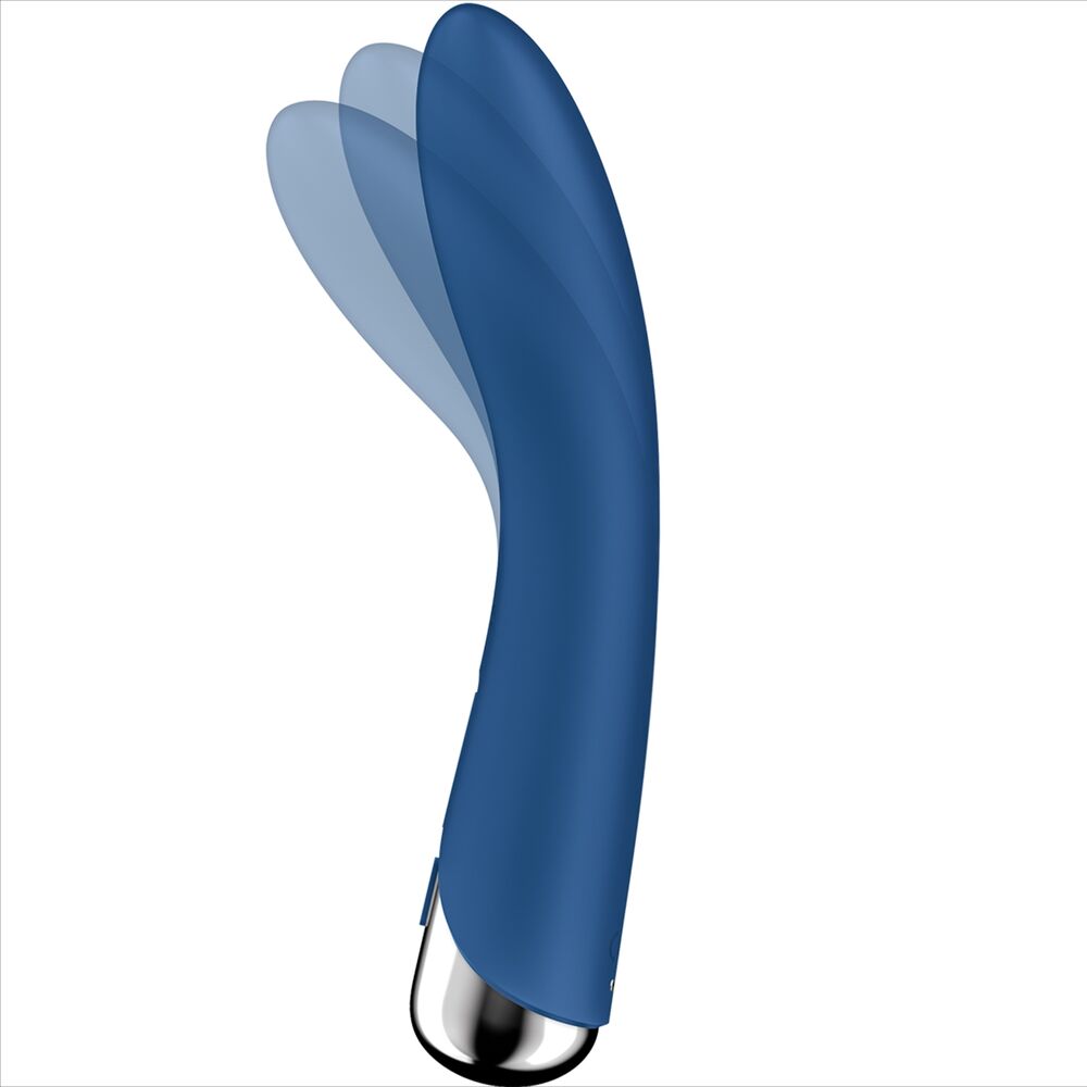 Spinning Vibe 1 bleu illustrant l'amplitude de sa tige galbee en silicone et base chromee, demonstration du mouvement de la tete rotative point G, etanche