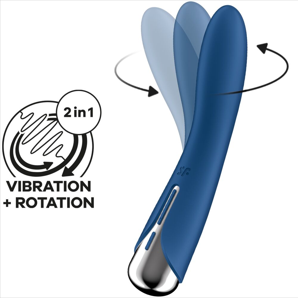 Vibromasseur Satisfyer Spinning Vibe 1 bleu en silicone, schema 2 en 1 vibration plus rotation montrant la tete galbee qui tourne, base chromee, point G.