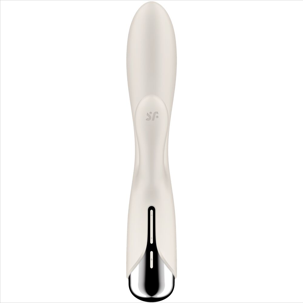 Vue de face du rabbit Satisfyer ivoire, bouton de commande central, tige insérable lisse en silicone et embout chrome, stimulation clitoridienne et interne.