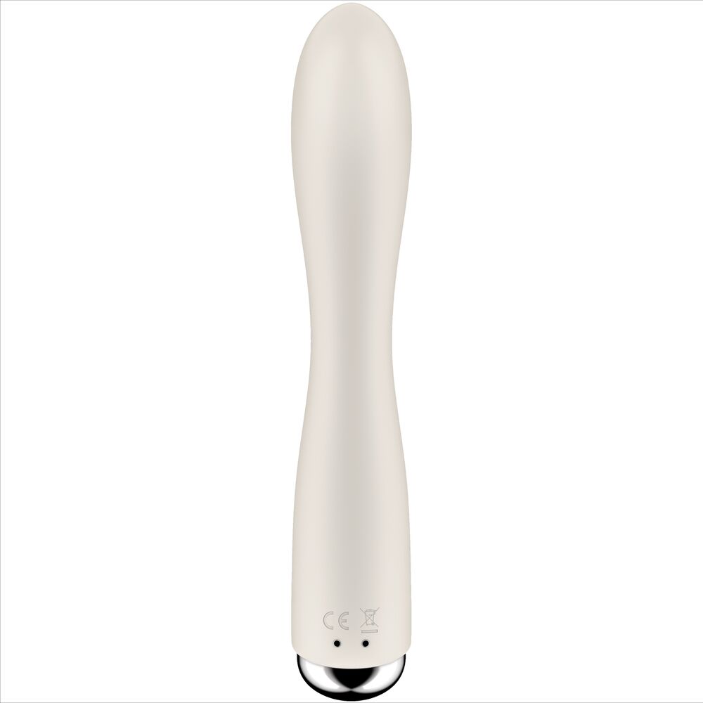 Vue arriere du vibromasseur Satisfyer ivoire, tige galbee en silicone doux, marquage CE sur la base, forme non anatomique, recharge USB submersible.