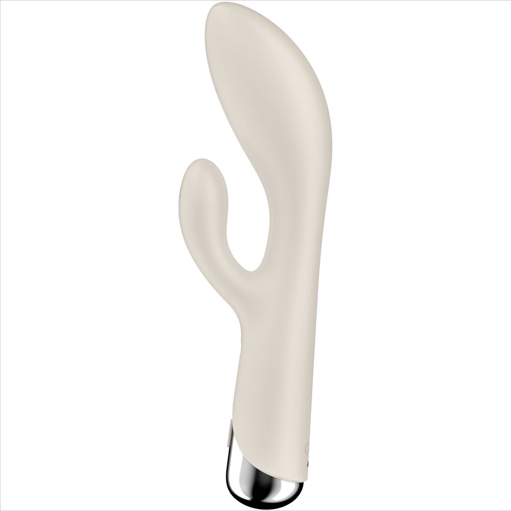 Profil du rabbit Satisfyer ivoire avec oreille clitoridienne courbée et tige point G en silicone soyeux, base chromee, double stimulation rechargeable.