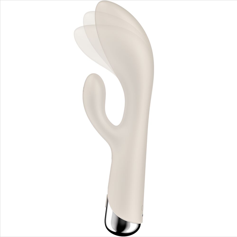 Rabbit Satisfyer ivoire montrant l'effet de mouvement de l'oreille flexible en silicone, tige rotative, stimulation clitoris et point G simultanee.