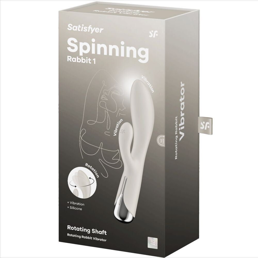 Boite grise Satisfyer Spinning Rabbit 1, vibromasseur lapin a tige rotative en silicone, visuel produit et picto vibration sur l'emballage carton.