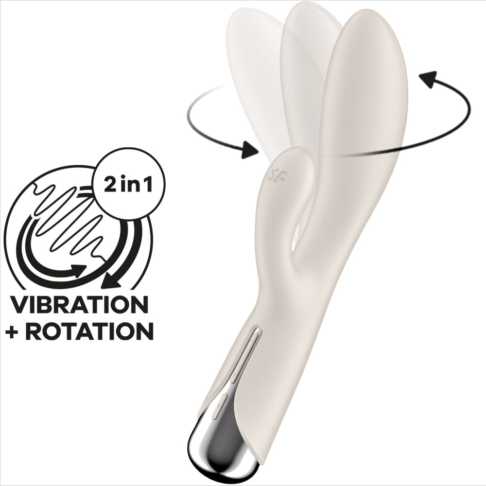 Schema 2 en 1 vibration plus rotation du rabbit Satisfyer ivoire, tete pivotante figuree par un trace circulaire, silicone, point G et clitoris.