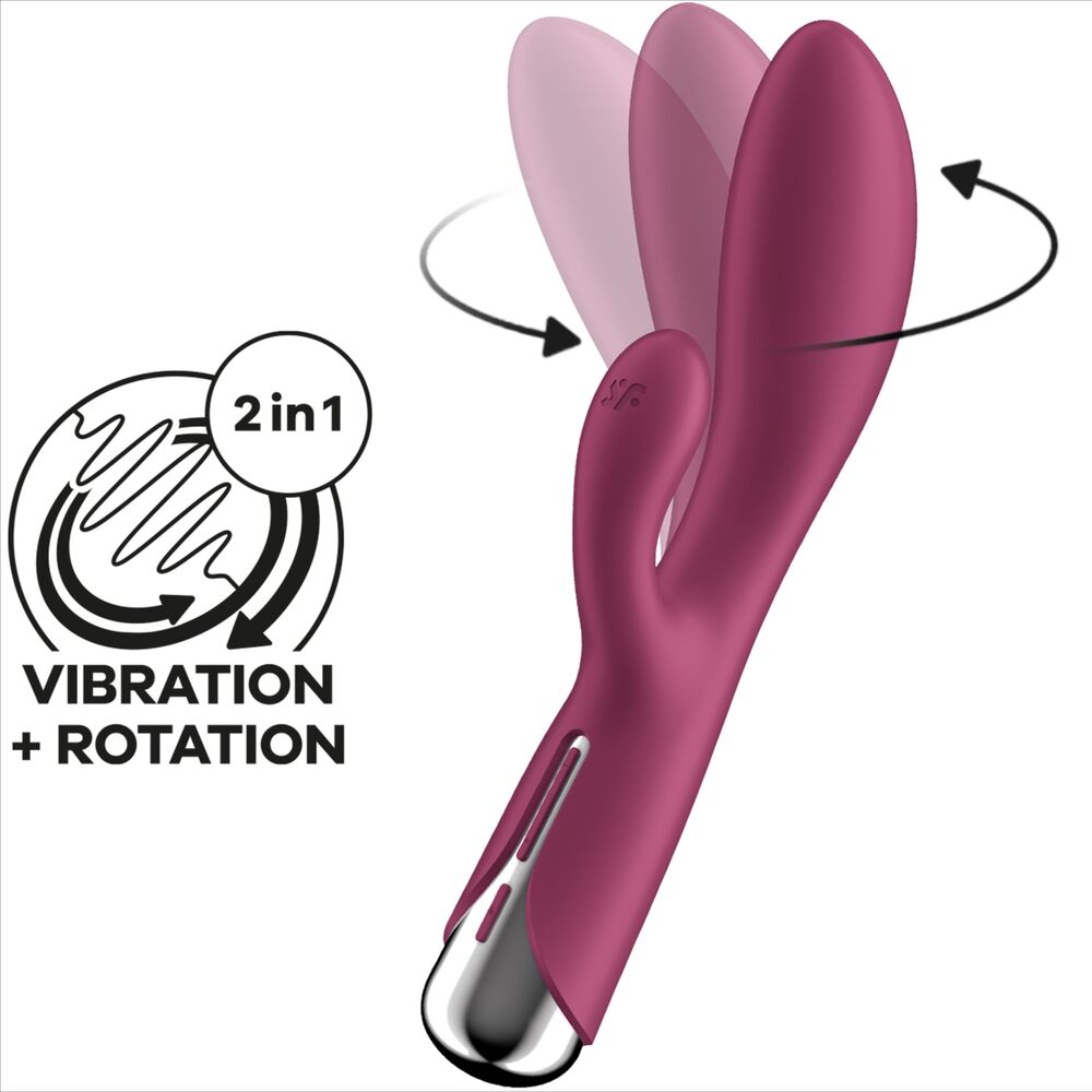 Schema 2 en 1 vibration plus rotation du rabbit Satisfyer framboise, tete pivotante illustree par un trace circulaire, silicone, stimulation point G.