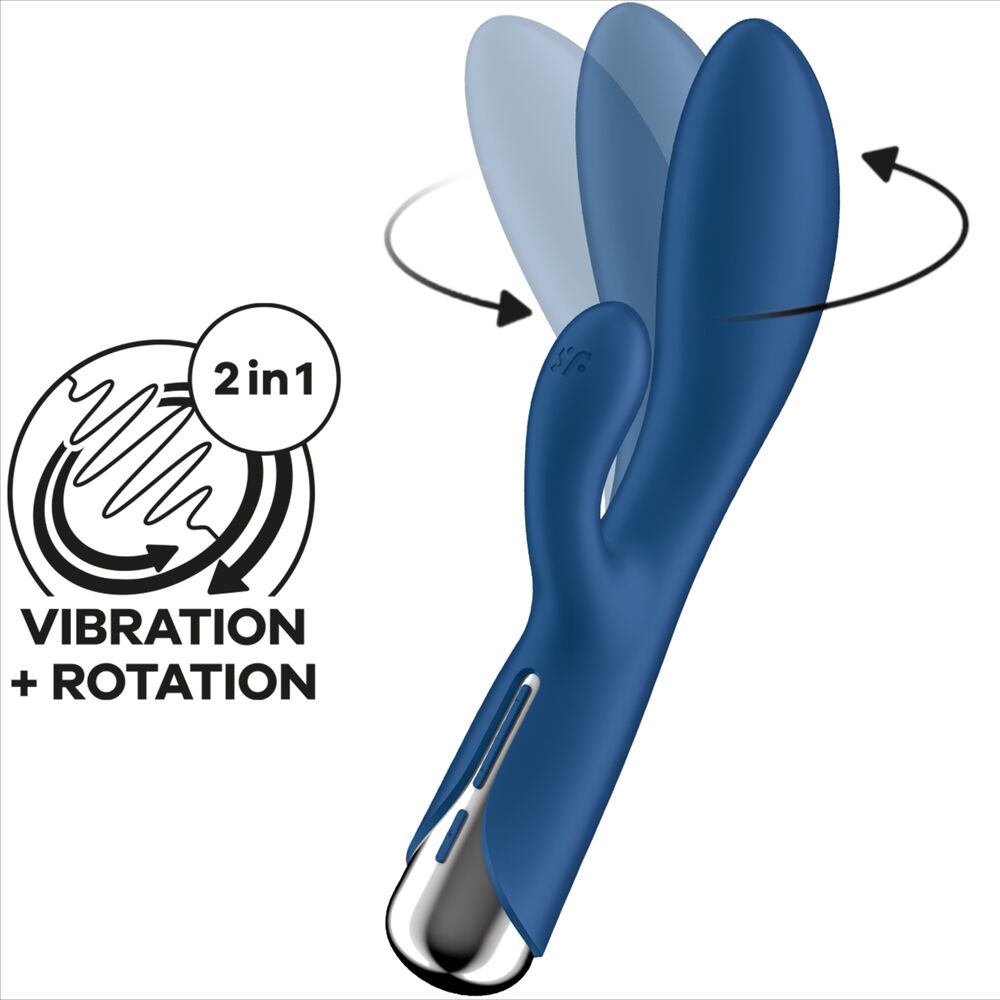 Schema 2 en 1 vibration plus rotation du rabbit Satisfyer bleu, tete pivotante figuree par un trace circulaire, silicone, stimulation point G.