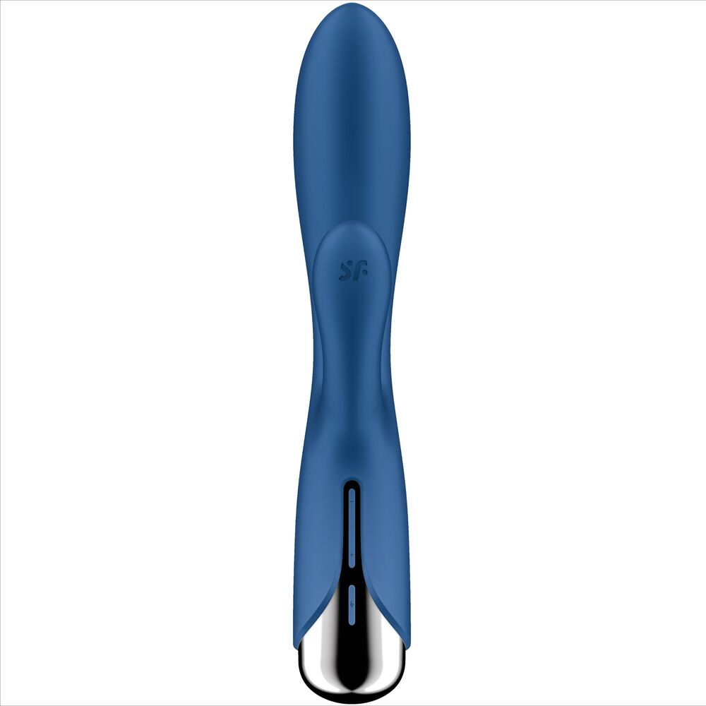 Vue de face du vibromasseur Satisfyer bleu nuit, bouton de commande central, tige galbee en silicone lisse non anatomique et embout chrome, recharge USB.