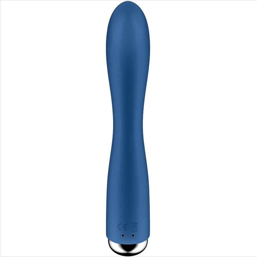 Vue arriere du vibromasseur Satisfyer bleu nuit, tige en silicone doux marquage CE sur la base, surface lisse, forme non anatomique, submersible IPX7.