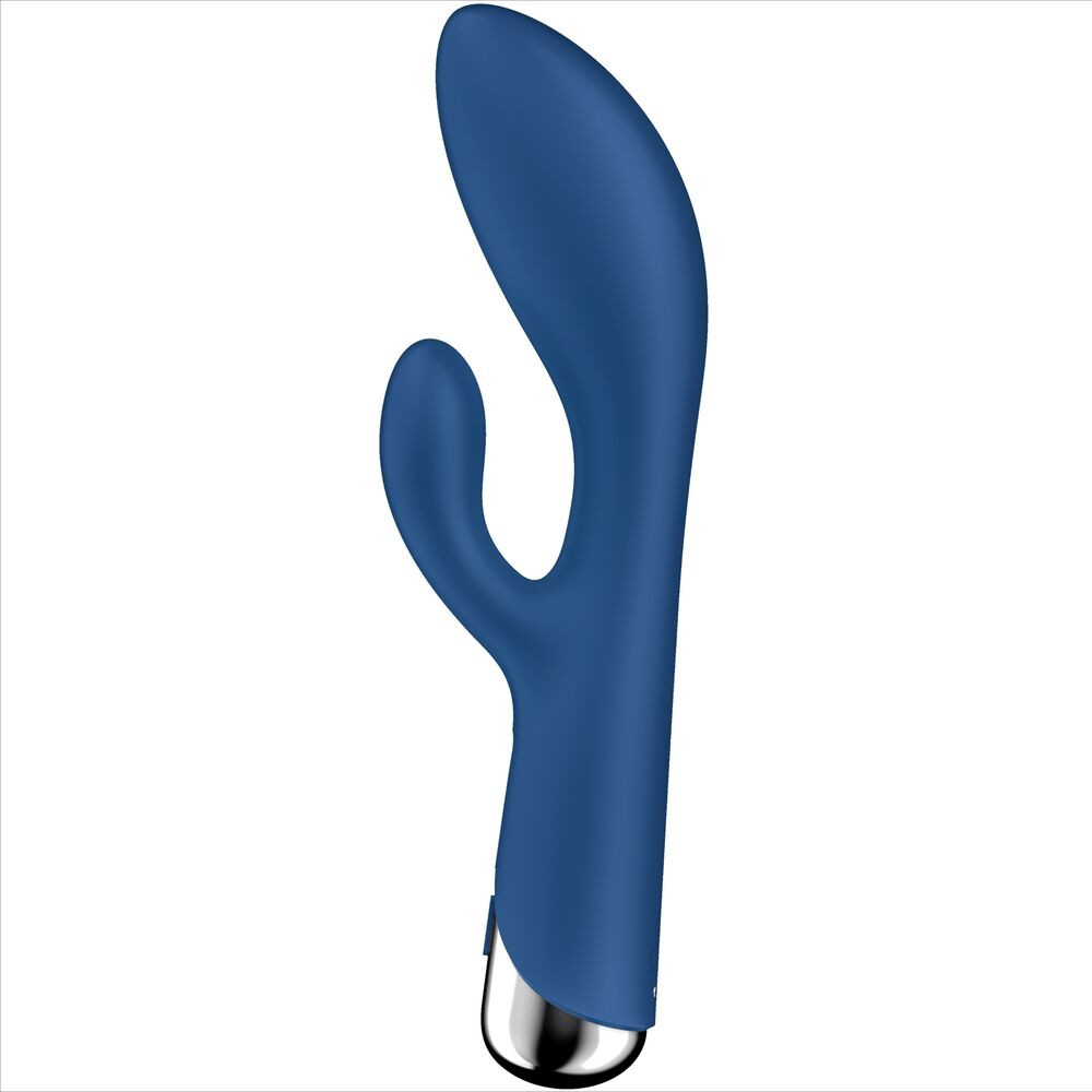 Profil du rabbit Satisfyer bleu avec oreille clitoridienne courbée et tige point G en silicone soyeux, base chromee, stimulation double zone rechargeable.