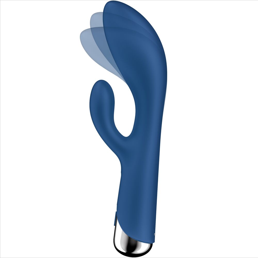 Rabbit Satisfyer bleu montrant l'effet de mouvement de l'oreille flexible en silicone, tige rotative point G, double stimulation clitoris et interne.