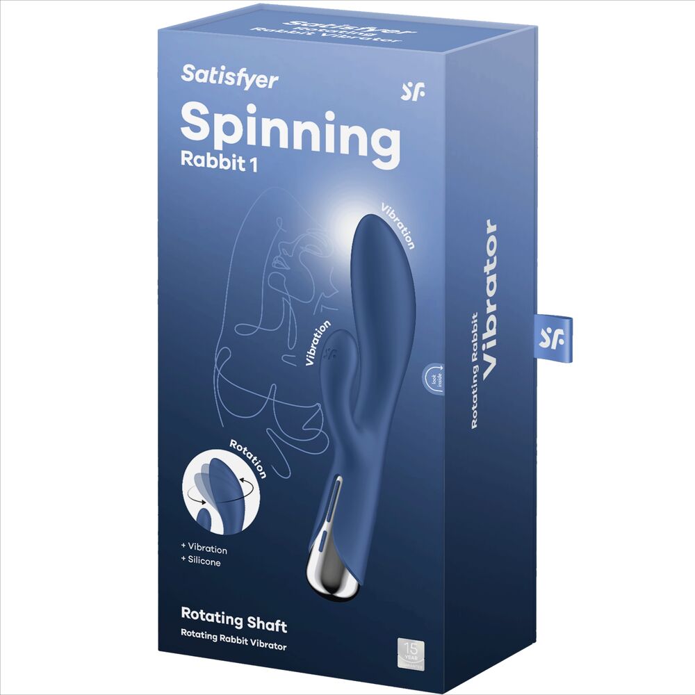 Boite bleue Satisfyer Spinning Rabbit 1, vibromasseur lapin a tige rotative en silicone, visuel produit et mentions vibration sur l'emballage carton.