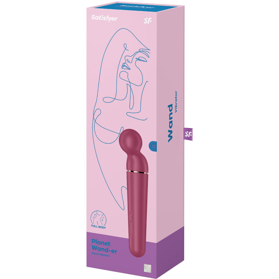 Boite Satisfyer Planet Wand-er rose et violette, baguette vibrante framboise a tete ronde, visuel produit et mention full body sur l'emballage carton.
